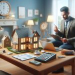 A real estate agent with obscured face sits behind a wooden desk, reviewing documents on a laptop, with a miniature house model, calculator, and paperwork spread out in front of them.