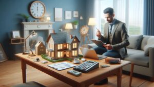 A real estate agent with obscured face sits behind a wooden desk, reviewing documents on a laptop, with a miniature house model, calculator, and paperwork spread out in front of them.