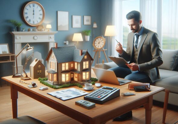 A real estate agent with obscured face sits behind a wooden desk, reviewing documents on a laptop, with a miniature house model, calculator, and paperwork spread out in front of them.