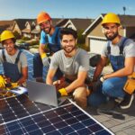 Three technicians from Hamro Solar LLC installing solar panels on a residential rooftop.