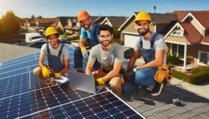 Three technicians from Hamro Solar LLC installing solar panels on a residential rooftop.