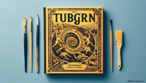 Hardcover book with intricate embossed cover titled ‘TUBGRN’ surrounded by art supplies on a blue background.